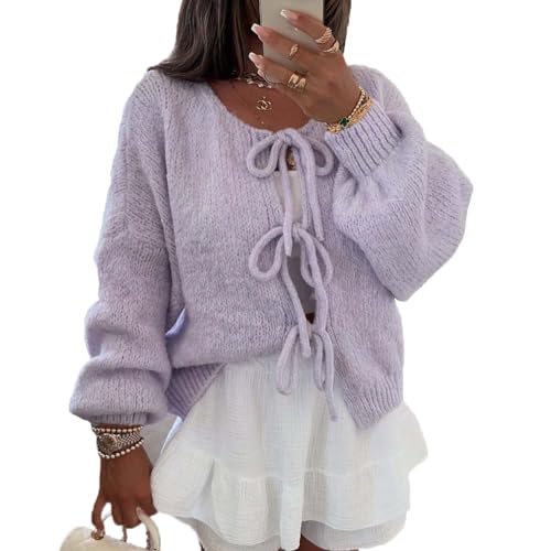 Image of Women Casual Bow Tie Front Cardigan Sweater Solid Crew Neck Long Sleeve Self Tie Open Front Knit Sweater Top Fall