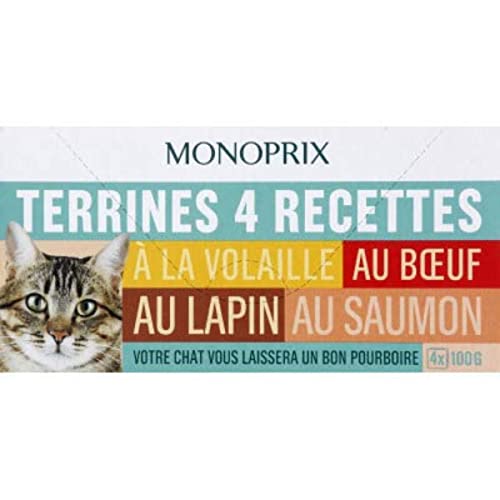 MONOPRIX Terrines 4 Ricette pollame, Manzo, Coniglio, Salmone per Gatto - 4 scatole da 100 g