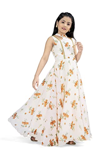 Image of Fashion Dream Girls Tabby Silk Maxi Length Printed Dress|Girls Maxi Dress|Long Dress|Long Gown Dress(Light Peach 11-12 Year)