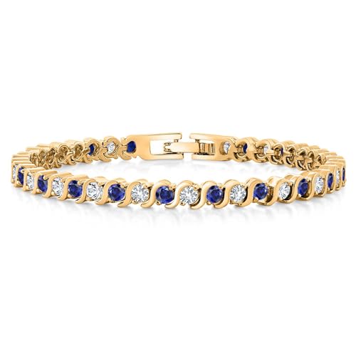 Gem Stone King 14K Gold Plated 3MM Simulated Blue Sapphire and Sparkling White Cubic Zirconia Tennis Bracelet for Women | 4.50 Cttw | Size 7 Inch | Choice of Color