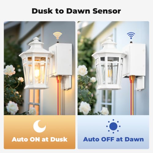 Image of Gleamz Outdoor Wall Lights with GFCI Outlet, White 2-Pack Exterior Lighting Fixtures with Dusk to Dawn Sensor, Porch Light with Outlet Wall Mount, Waterproof Front Door Light Fixture Outdoor