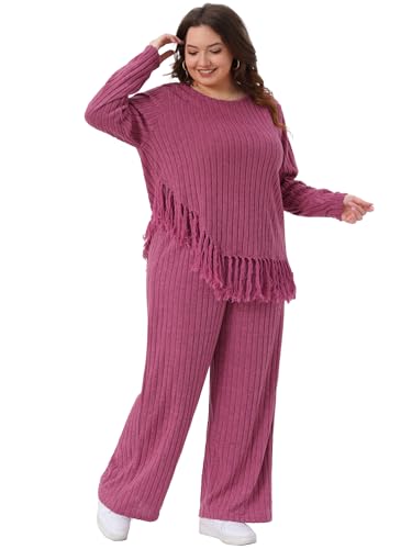 Agnes Orinda Plus Size 2 Piece Lounge Set for Women Crew Neck Long Sleeve Asymmetrical Fringe Hem Casual Outfits3
