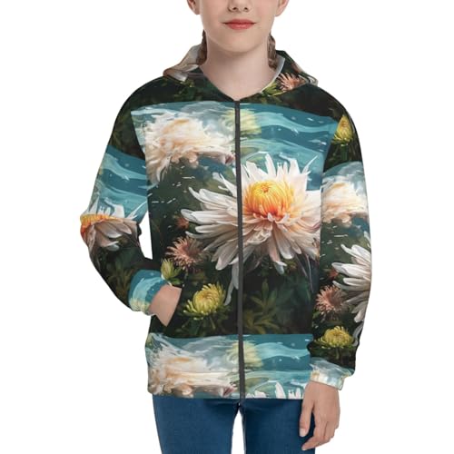 Elegant Chrysanthemum Flower Kids Pullover Hoodies Boys Zip Up Sweatshirts Girls Athletic Clothes with Pocket3