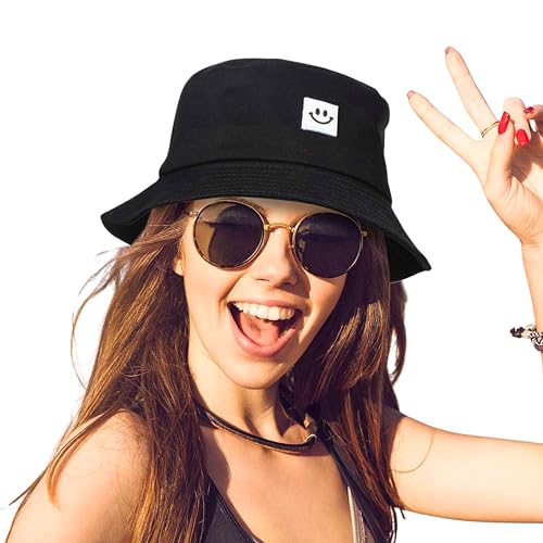 Tomorrow Smiley Bucket Hat for Women and Men - Packable Sun Protection Hat for Summer, Beach, Travel, and Outdoor Activities - Black