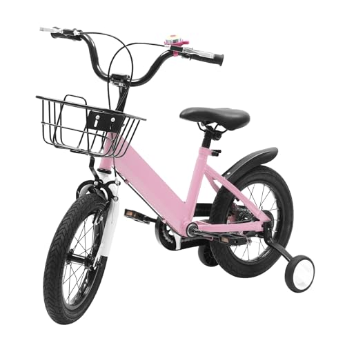 Bicicleta infantil de 14 pulgadas, a partir de 3 a 5 años, con ruedas estabilizadoras y cesta, color rosa, 14 pulgadas
