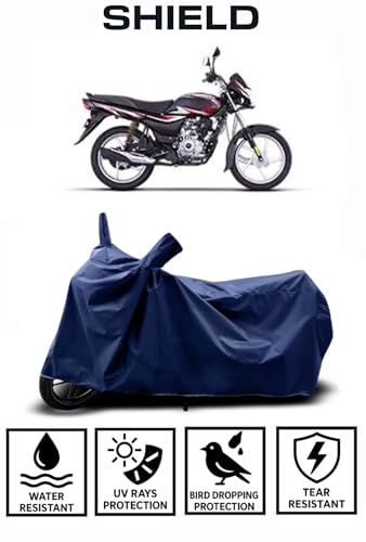 Image of Shield Heavy Duty Bike Cover for Bajaj Platina 110 | All-Season, Tear-Proof Fabric | with Side Mirror Pocket & Buckle Belt | Bajaj Platina 110 Bike Cover (Blue)