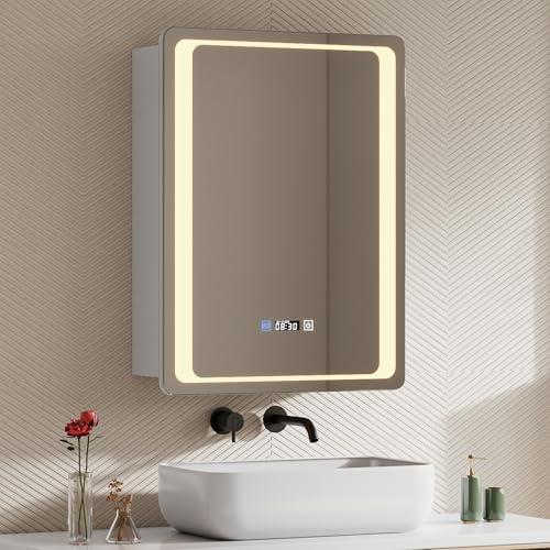 Warmiehomy Badezimmer Spiegelschrank mit Beleuchtung,50x70cm LED Badezimmerschrank mit Spiegel 3 Lichtfarbe Einstellbar | Zeitanzeige | Steckdosen | Touchschalter | Defogger | Weiße Einzeltür