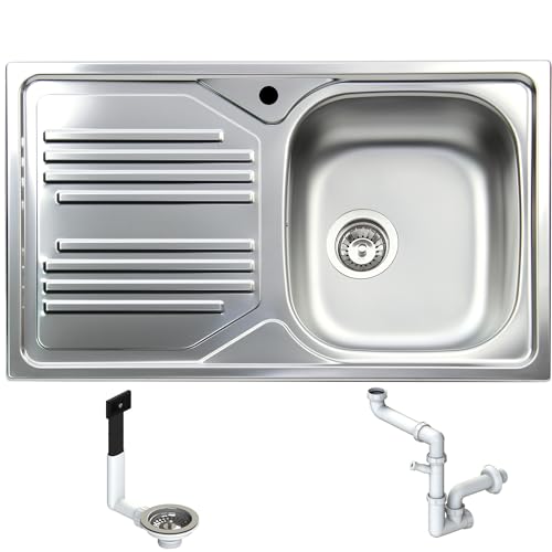 FHULLER TM861ILPC Lavello Cucina Acciaio Inox Prelucido 86X50 con 1 Vasca 33X37 H 15,5 Destra e Gocciolatoio Sinistra ● Incasso Cucina Atmosfera ● Made in Italy - Lavabo da Incasso Made in Italy