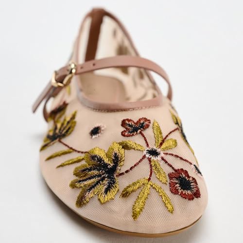 Image of MRKEWUNEY Mesh Ballet Flats for Women Embroidered Floral Round Toe Mary Jane