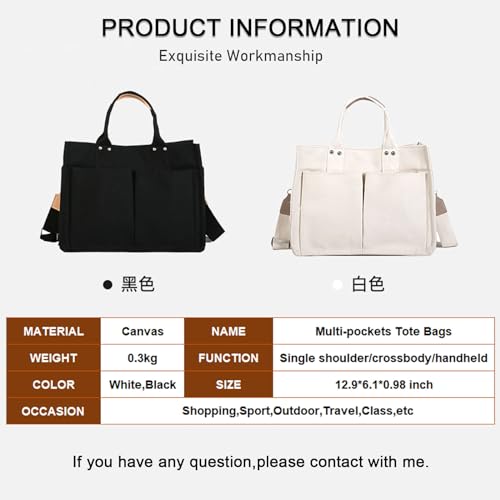 Image of Canvas Tote Bags for Women Large Shoulder Handbags Hobo Bags Multi-pockets Satchel Purse Casual Travel Work Bags (A Multi-pocket, White)