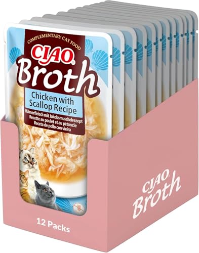 INABA Ciao Broth Katzenfutter Nass 88% Feuchtigkeit und Vitamin E, Premium Katzensuppe mit Huhn & Jakobsmuschel 40 g (12er Pack), 100% natürliches Fleisch, Getreidefrei, Zuckerfrei
