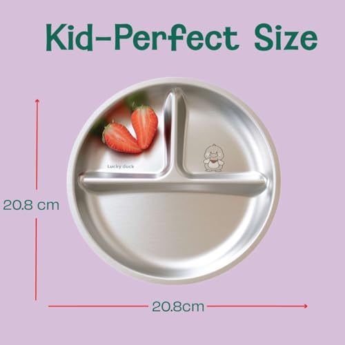 Image of Basil Stainless Steel Plate for Kids - Kids Plates for Food with 3 Compartments - Dinner Plates for Baby - Unbreakable Dinner Plates - Ideal for Birthday, Return Gifting - Wheel Plate - Pack of 2