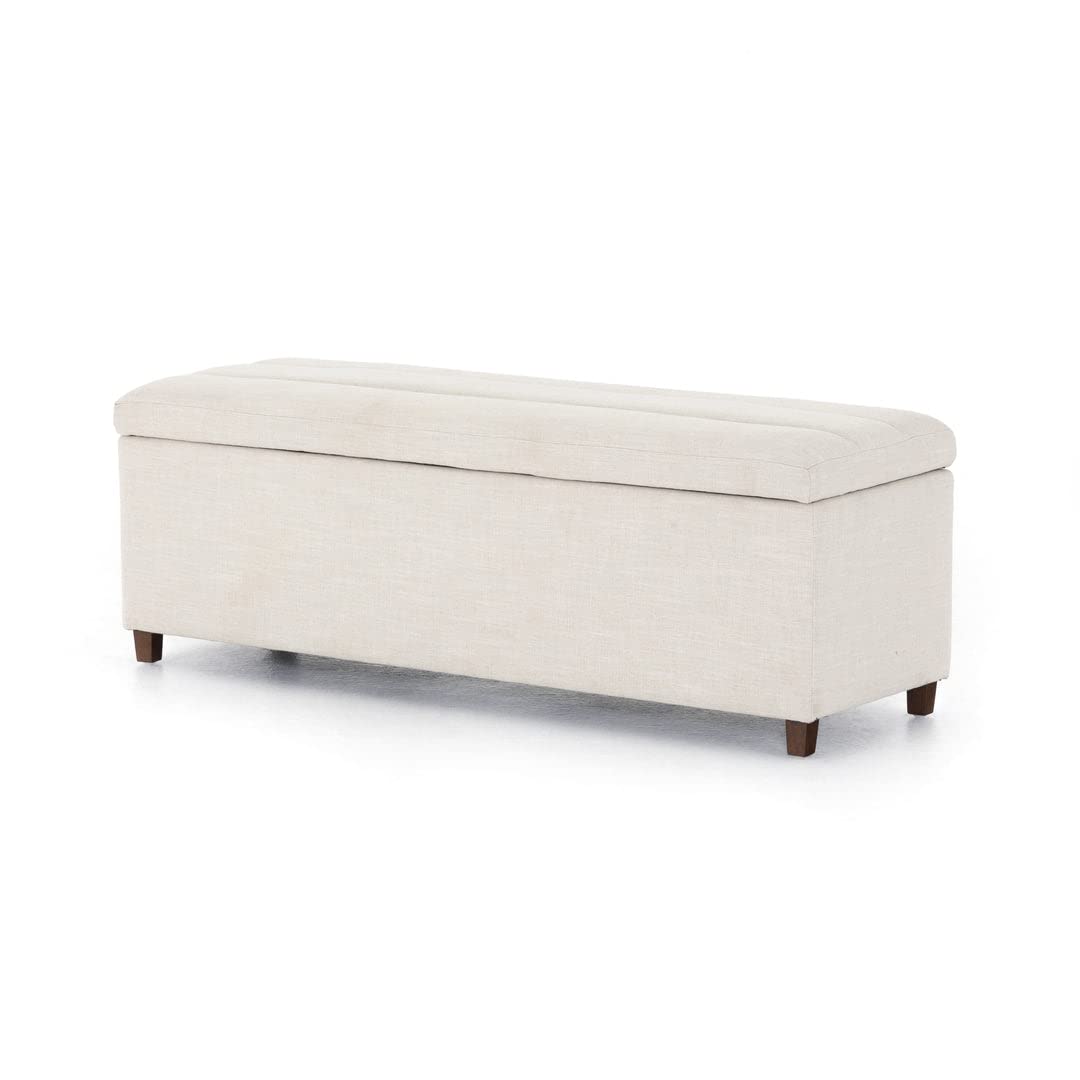 MODERN WAVE Worn Fabric Upholstered 50" Large Flip Top Storage Bench 3 Seater Sofa Couch Pouffe Sofa Bench Ottoman. (Ivory)