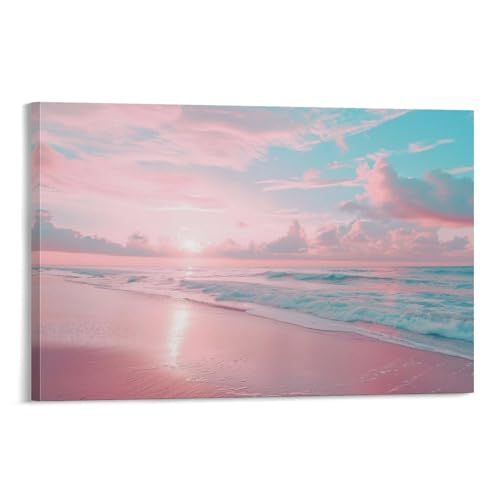 絵画 ピンクの空とビーチインテリア 絵画 美しい海の景色 魅惑的な色彩の風景アートパネル 壁の絵 ポスター 壁掛け ソファの背景絵画 玄関 壁飾り 絵画 木枠付きの完成品 40x60cm
