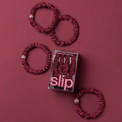 Image of Slip Silk Hair Ties - Skinny Silk Maroon Scrunchies, No Damage, No Crease, Anti-Breakage |100% Mulberry Silk | All Hair Types | Made with Proprietary Slipsilk | Set of 4