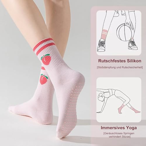 YZDZSW 3 pary antypoślizgowych skarpet damskich, Mid-Calf, cienkie, antypoślizgowe skarpety do pilatesu z wzorem brzoskwini, liści i awokado, skarpety stoperowe do jogi, reformera i fitnessu (różowe