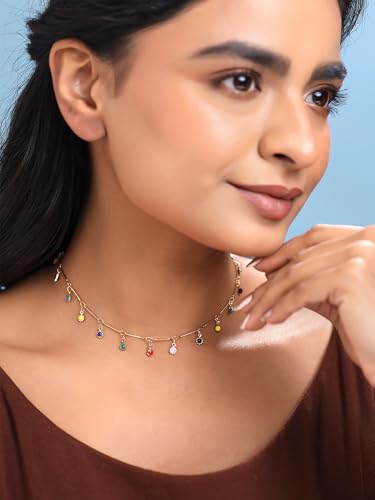 Image of Yellow Chimes Necklace For Women Gold Plated Multicolor Stone Studded Chain Necklace For Women and Girls