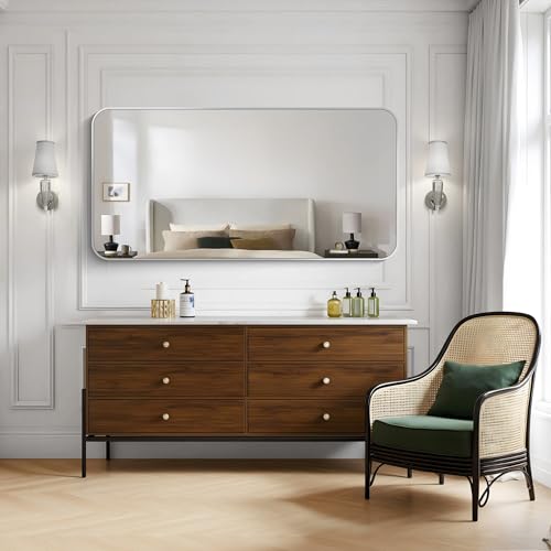 Image of KOCUUY Silver Bathroom Mirror, 60x30 Inch Large Bathroom Mirror for Over Sink, HD Tempered Glass, Anti-Rust Brushed Silver Frame, Rounded Corner Modern Design for Bathroom, Hang Horizontal /Vertical
