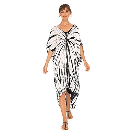 SHU-SHI - Damen Strandkleid zum Überziehen - lockere Tunika mit Batikmotiv - Oversize - Schwarz/Off-White - L-XL