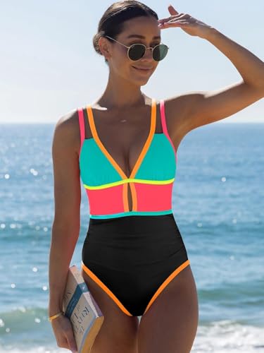Image of popvil Women One Piece Swimsuit 2026 Tummy Control Sexy Cutout Neon Color Block Bathing Suit Slimming Adjustable Swimwear