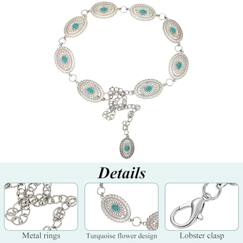 1 Pcs Western Turquoise Belts for Women,Adjustable Green Oval Round Flower Turquoise Belt,Boho Style Waist Chain Western Metal Belts for Woman,Cowgirl Chain Belt Using on Dresses and Jeans2