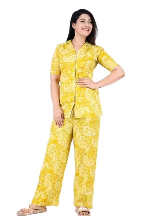 Women's Cotton Night Suit Set, Maroon Polka Dot Print, Short Sleeve Shirt and Pajama-image-15