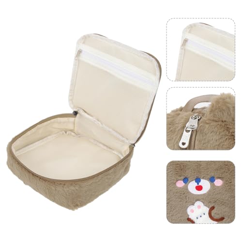 Image of DOITOOL Brown Plush Period Pouch - Large Capacity Cosmetic Bag with Zipper for Menstrual Pad Storage, Compact and Stylish for Girls