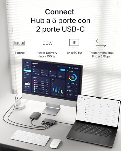 Hub USB-C a 5 Porte con HDMI 4K a 60 Hz, Power Delivery 100W, Trasferimenti Dati Rapidi da 5Gbps, Adattatore USBC Multiporta per MacBook, iPad Pro, Cromebook, HDMI 2.0 Aggiornato - Grigio - Hub USB - Immagine 1