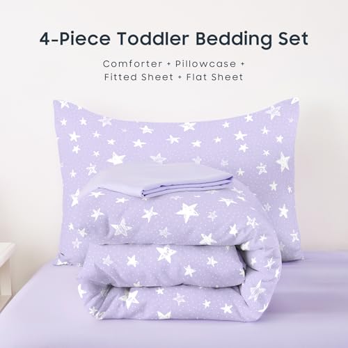 Image of Wake In Cloud - Toddler Bedding Set for Boys Girls, Cute Star Polka Dot, 4 Pieces Soft Crib Bed Set Including Comforter, Sheets and Pillowcase, Light Purple