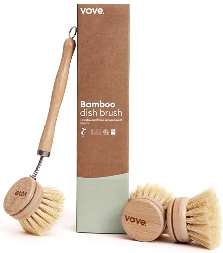 Vove Bamboo Dish Brush, FSC-Certified - Includes 3 Replacement Heads - Natural Fiber Bristles - Non-Toxic, Plastic-Free - Scrub Brush for Pots, Pans & Dishes