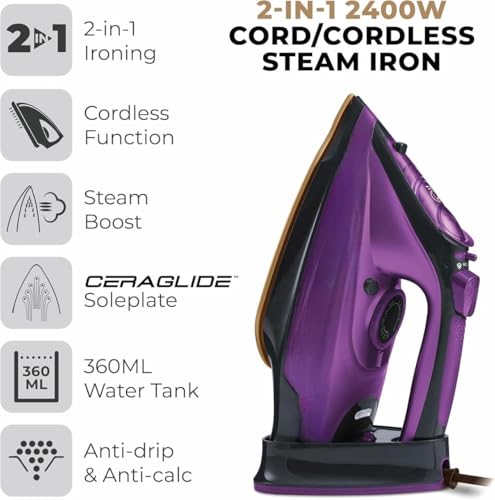 Image of 2400W Electric Steam Iron with 5-Speed Adjustment, Self-Cleaning Garment Steamer with Smooth Ceramic Soleplate, Electric Iron, Vertical & Horizontal Clothes Ironing for Home Use