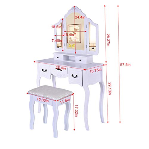 image for Printasaurus [US in Stock] Vanity Table Set with 5 Drawers Tri-Folding