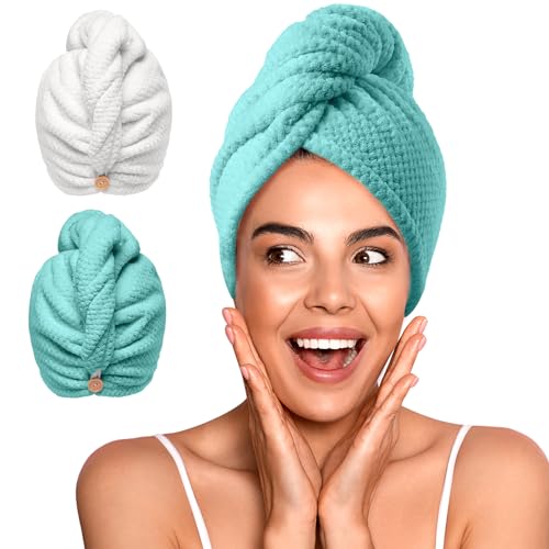Image of YFONG 2 Pack Microfiber Hair Towel Wrap for Women, Super Absorbent Quick Dry Hair Turban for All Hair Style Anti Frizz, Large Hair Drying Towel with Button