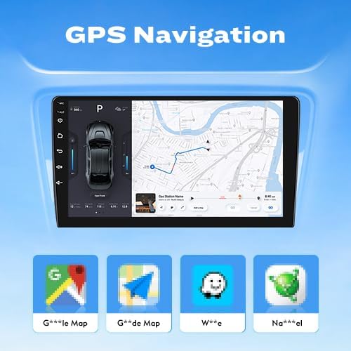 Image showing the car stereo display with a map application open, indicating GPS navigation functionality. Icons for various navigation apps are shown below.