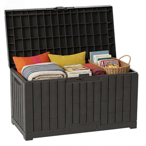 Outdoor Storage Box 60 Gallon Waterproof Deck Box Lockable Storage Container Built-in Reinforcing Metal Rod Outside Resin Bin for Patio Garden Poolside and Garage