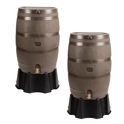 Image of RTS Home Accents 50-Gallon Rain Barrel, Flat Back Rain Water Collection Barrel, Stand and Link Kit Included, Walnut Color (2 Pack)