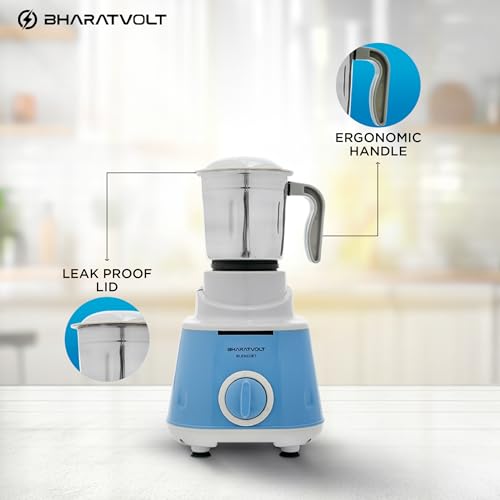 Image of Mixer Grinder | 500W Turbo Motor | 3 Stainless Steel Jars | Overload Protection, Leak Proof Lids, 3 Speed & Pulse Function | Powerful Mixer for Home Kitchen | Blue White