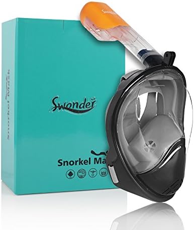 Swonder 180° Panoramic Sea View Full Face Snorkel Mask-Tubeless Snorkeling Set, Action Camera Mount & Warning Top, Free Breathing, Anti-Fog & Anti-Leak, Adults & Kids, Black L/XL