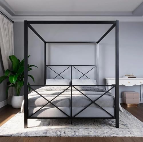 Image of Metal King Size Poster Bed Without Storage | Wrought Iron Canopy King Poster Bed Frame with Headboard & Footboard | Cot Without Storage | Metal Furniture for Bedroom, (Design 3-Black)