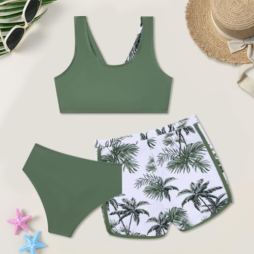 Weixinbuy Girl's 3 Piece Swimsuit Teen Swimwear Tropical Print Twist Cross Bikini Bathing Suit with Cover Up Shorts Size 12-14 Green — view 6