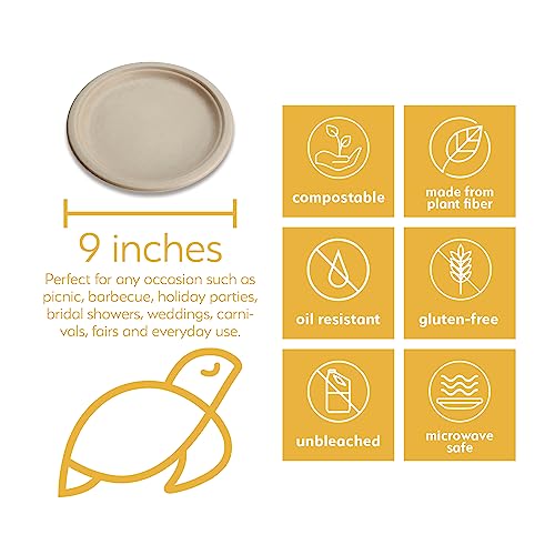 100% Compostable Disposable Paper Plates Bulk [9" 50 Pack], Bamboo Plates, Eco Friendly, Biodegradable, Sturdy Large Dinner Party Plates, Heavy-Duty, Unbleached By Earth's Natural Alternative #TOP1