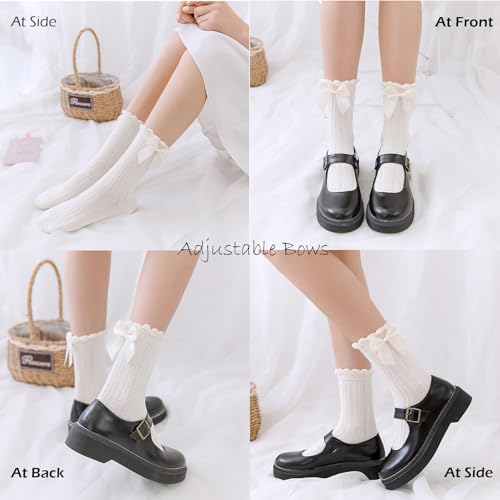 Starella 5 Pairs Women's Ruffle Frilly Socks Coquette Bow Lolita Preppy Crew Dress Sock for Girls3
