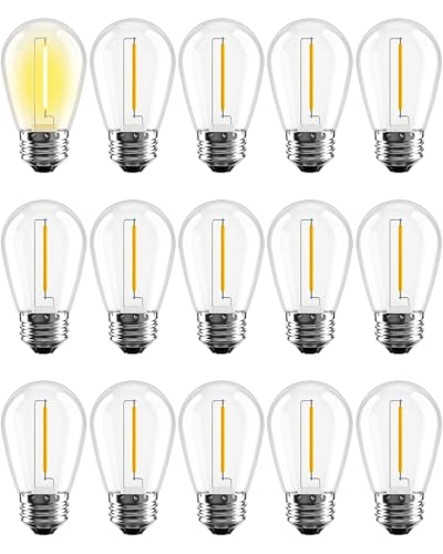 Hcnew 15 bombillas LED solares de repuesto E27 S14, 2700K blanco cálido, 1 W equivalente a 5 W, CC 12 V, irrompibles e impermeables, para luces de hadas, fiestas, patios, jardines, bodas