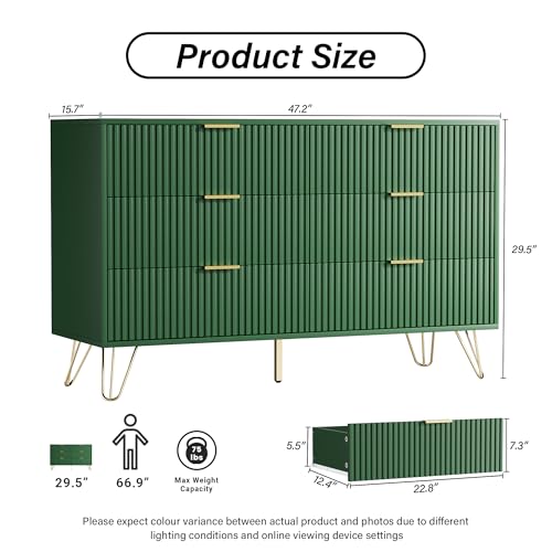 Image of Furniway Green Dresser for Bedroom, Modern Dresser with Gold Metal Handles & Chests of Drawers for Bedroom, 15.7 inch D x 47.2 inch W x 29.5 inch H