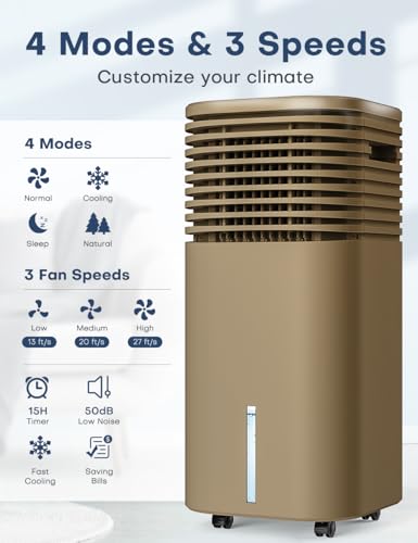 Image of 4-IN-1 Portable Air Conditioners, Evaporative Air Cooler w /4 Modes & 3 Speeds, 15H Timer for Smart Auto-off, 2-Gal Tank for 20H Cooling,17FT Remote,No Hose Needed - Brown