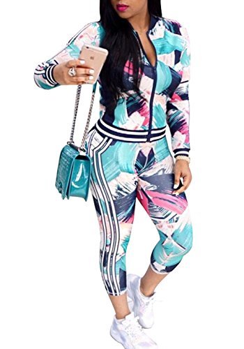 FOUNDO Women's Floral Tracksuit Jacket Pants 2 Piece Sports Joggers Jog Set, S3100-blue, Medium
