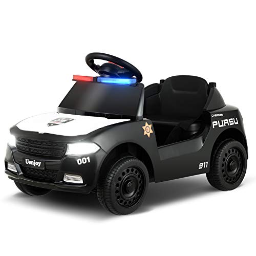 Uenjoy 6V Kids/Babies Police Ride On Car Battery Operated Electric Cars for Boys&Girls, with LED Siren Flashing Light, Storage Space, Headlight, Music&Horn, Water Cup Slot, Seat Belt, Black.
