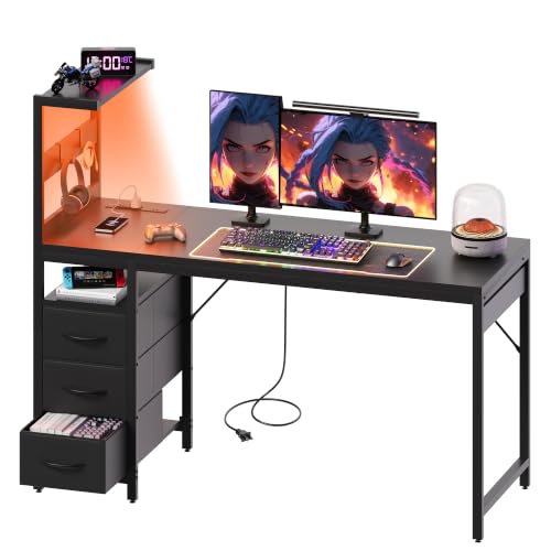 Image of YOUDENOVA 48 Inch Gaming Computer Desk with Led Lights, Small Desk with Storage Shelves and Drawers, Reversible Compact Gamer Table for Home Office, Black