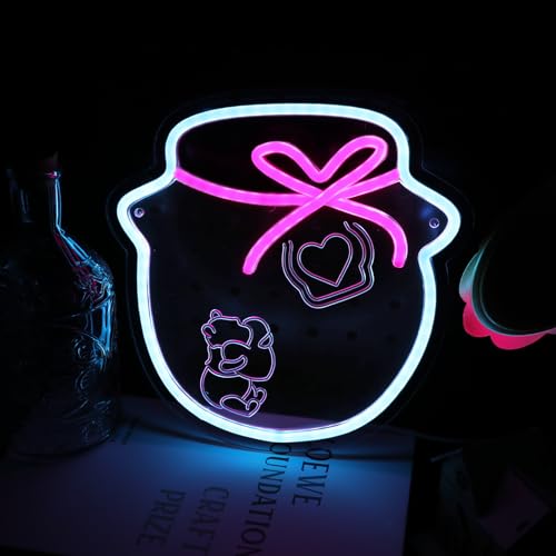 Image of Cute Honey Pot Neon Sign for Wall Decor, Icy Blue & Pink Dimmable LED Signs, 9.5 inch Acrylic USB 5V Light for Kitchen Decor, Bee Lover Gift, Baby Shower, Nursery Room Wall Art