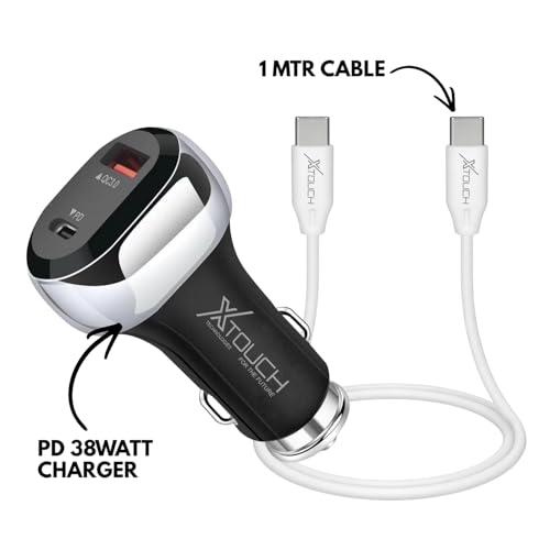 Image of XTOUCH 38W Fast Car Charger Adapter with Dual Output. Quick Charge, Type C PD 20W & Qualcomm Certified 3.0 18W with Type-A to C Cable (Black)